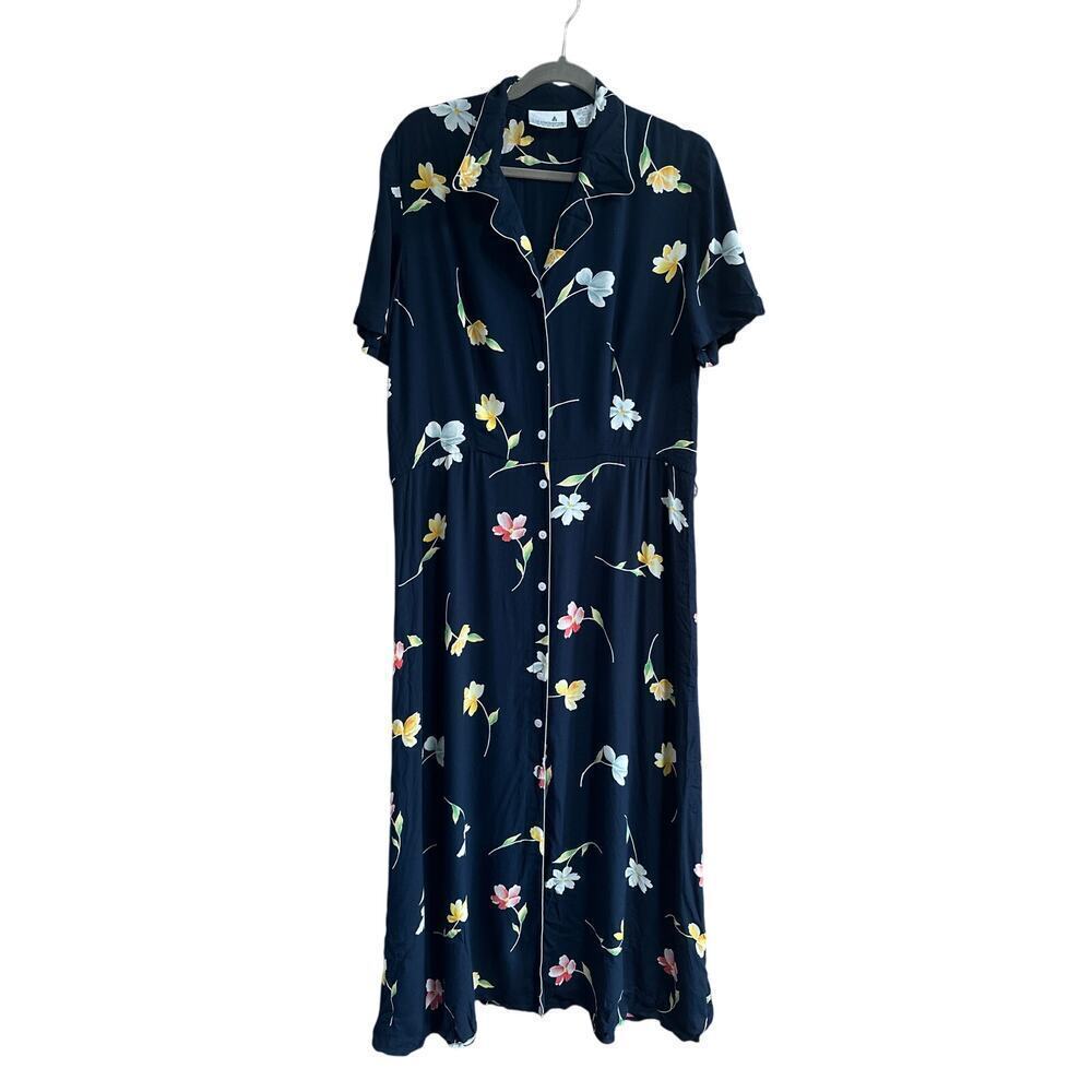 90s Women's Floral Midi Dress Grunge Navy Button Front Collared Size 10